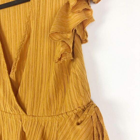 MINKPINK Gold Orange Short Flutter Sleeve V Neck Top with Ties on Sides Small - Picture 3 of 7